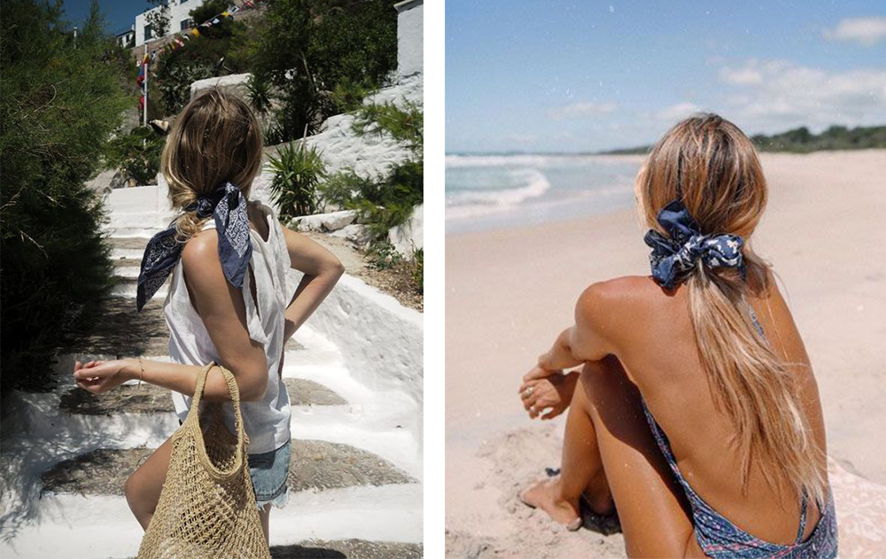 Un foulard noué dans les cheveux pour les journées à la plage • Les Bons Détails
